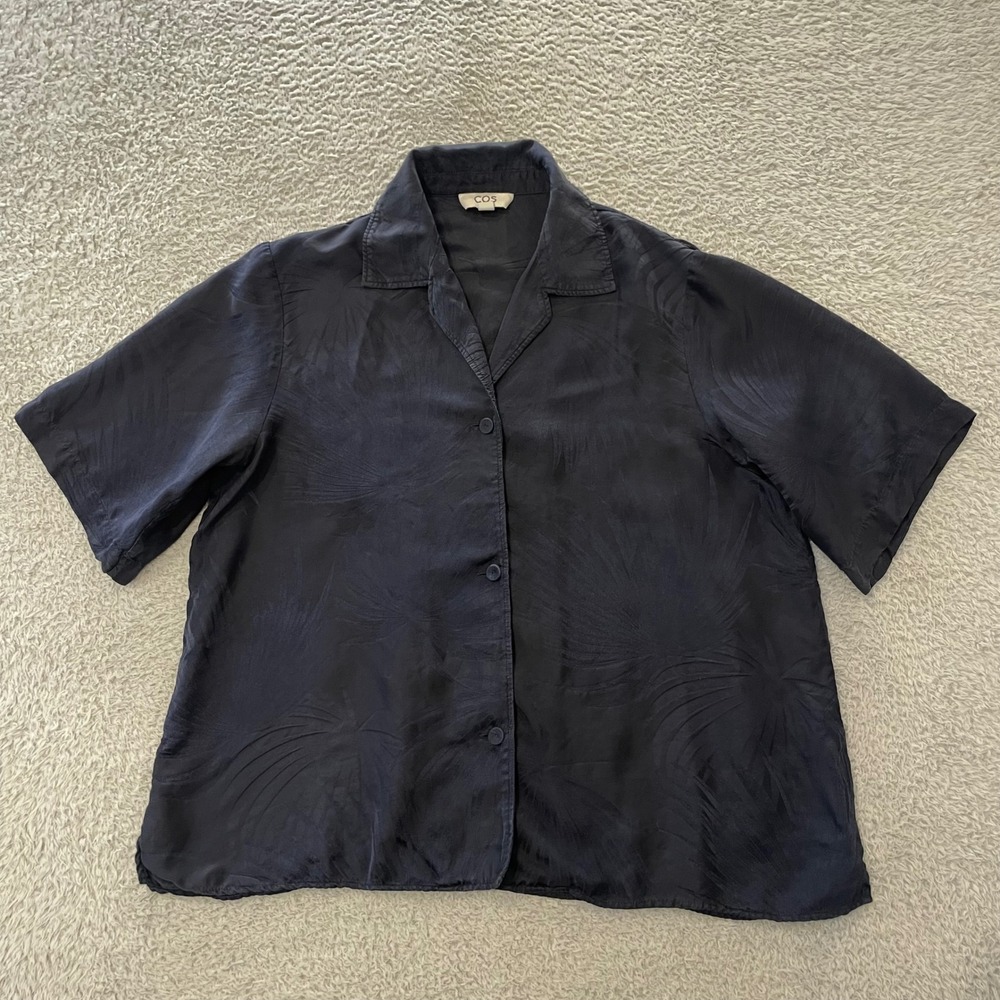 COS Jacquard Camp Collar Top Women US 8 M Dark Navy Silk Blend Satin ctCrop Boxy